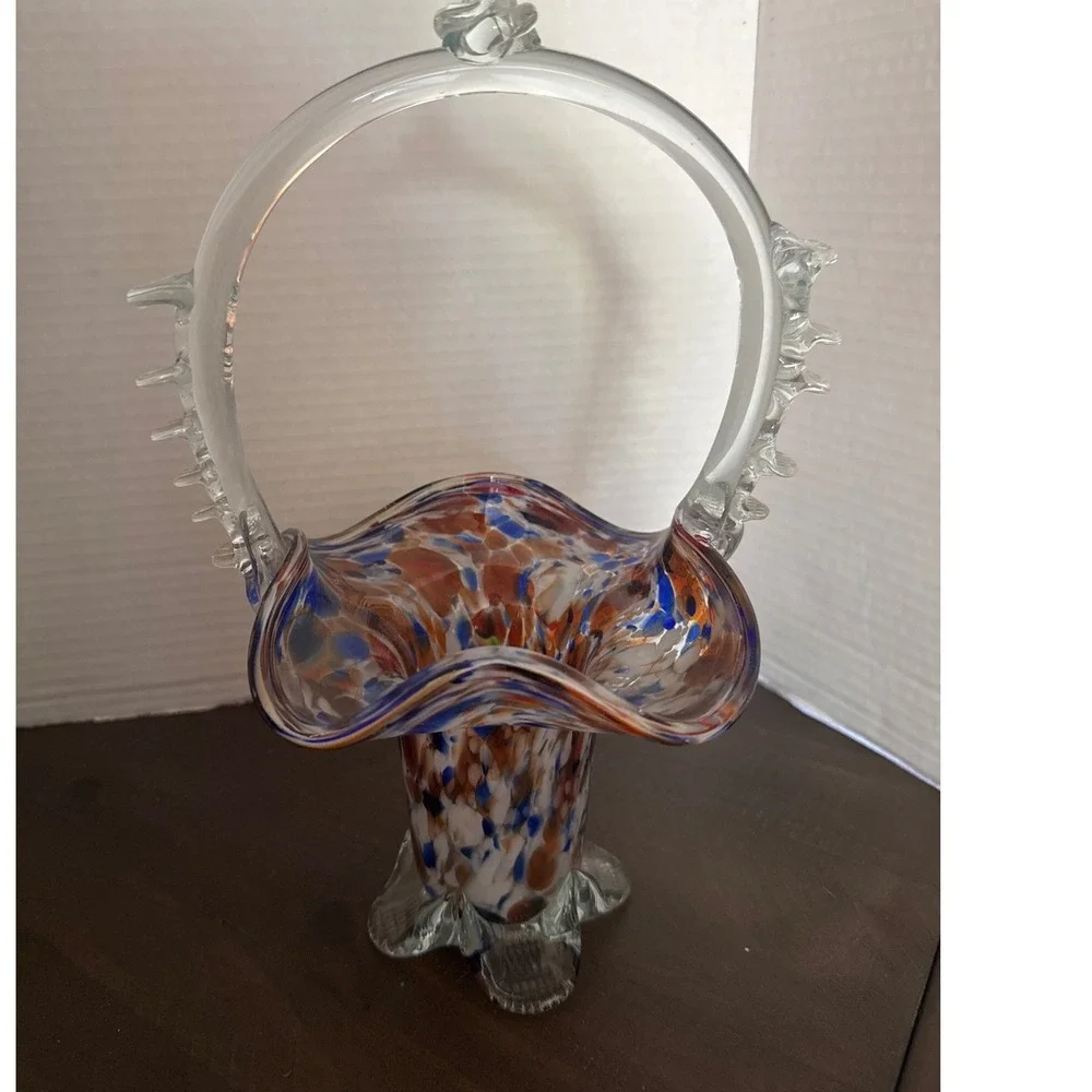 Vintage Hand Blown Art Glass Basket Confetti Blue Orange Splatter Thorn Handle